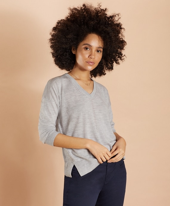 Merino Wool Pointelle-Detail V-Neck Sweater