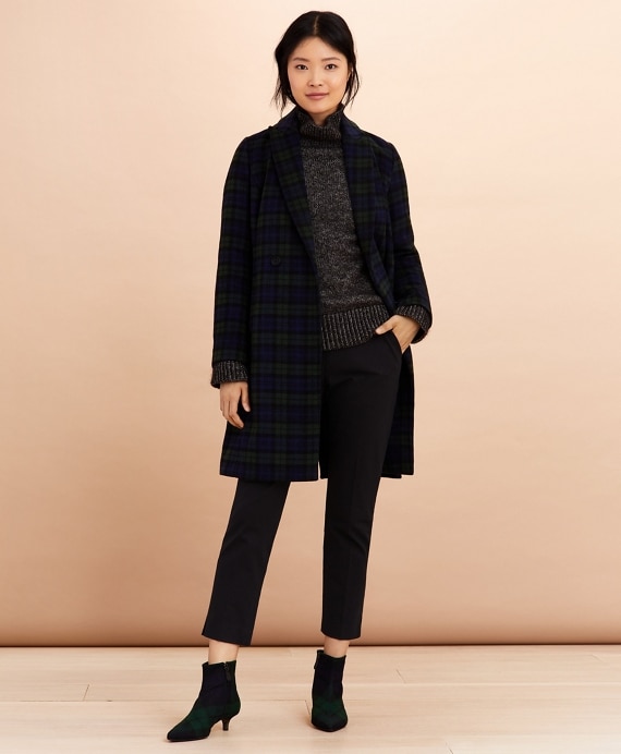 Black Watch Tartan Wool-Blend Double-Breasted Coat