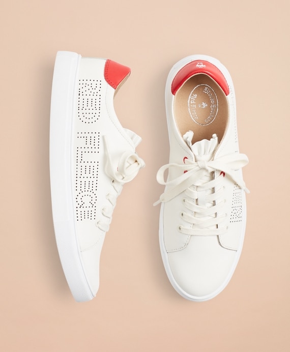 Ruffle-Trimmed Logo-Detail Leather Low-Top Sneakers