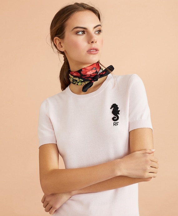 Beaded Seahorse Short-Sleeve Cotton Sweater