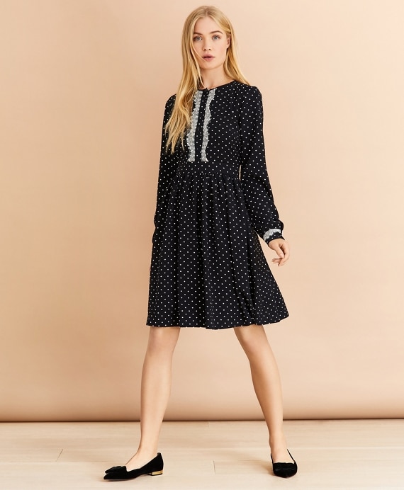 Lace-Trimmed Polka-Dot Satin Dress