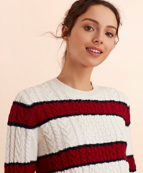 Striped Wool-Cotton Cable-Knit Sweater