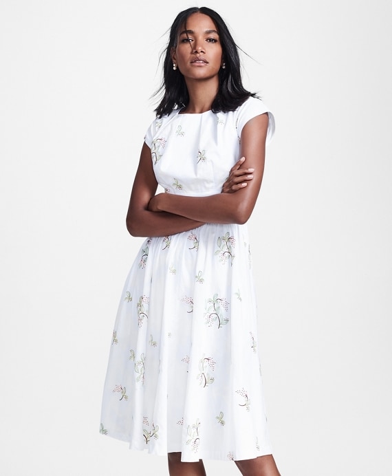 Floral-Embroidered Plaid Jacquard Cotton Dress