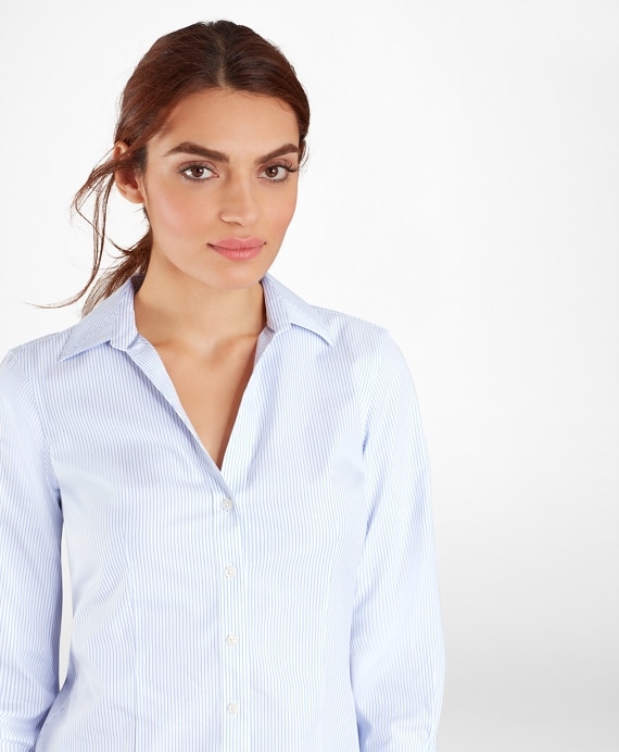 Non-Iron Tailored-Fit Striped Three-Quarter-Sleeve Supima® Cotton Stretch Shirt