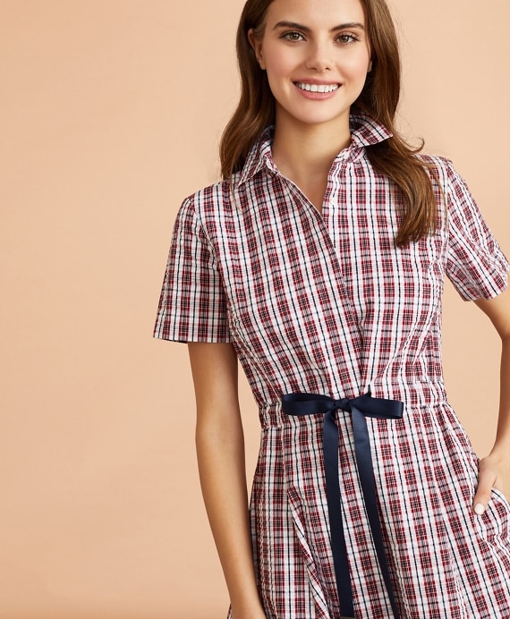 Plaid Cotton Seersucker Shirt Dress