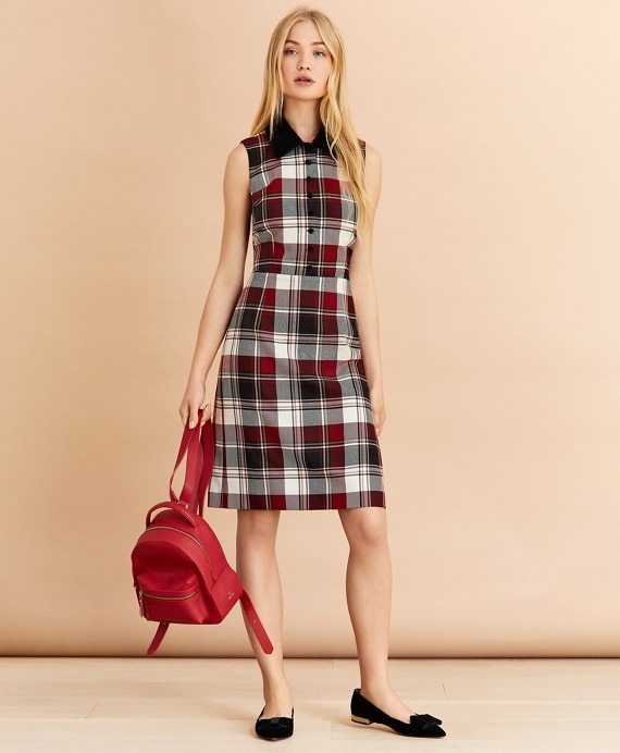 Velvet-Trimmed Plaid Wool-Blend Shirt Dress