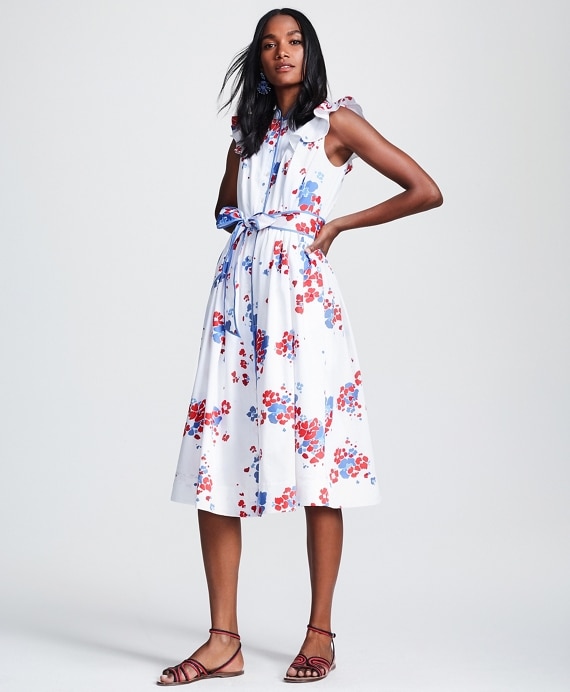 Petite Floral-Print Supima® Cotton Sateen Flutter-Sleeve Shirt Dress