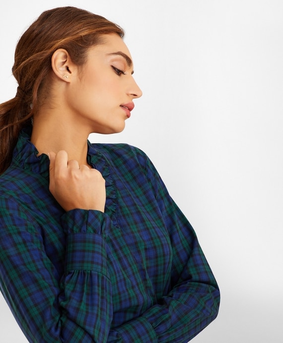 Petite Non-Iron Black Watch Tartan Supima® Cotton-Blend Ruffle-Collar Blouse