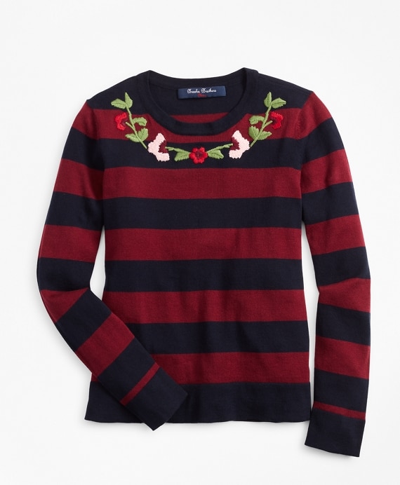 Girls Cotton Rugby Stripe Embroidered Sweater