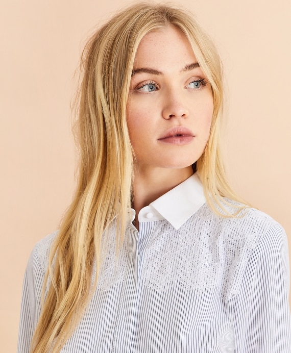 Lace-Yoke Striped Cotton Poplin Shirt