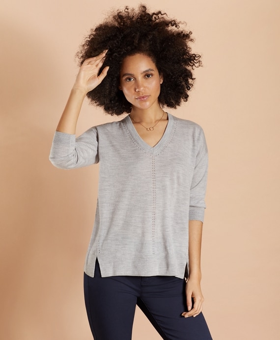 Merino Wool Pointelle-Detail V-Neck Sweater