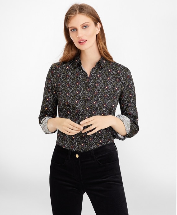 Petite Violet-Print Cotton Sateen Fitted Shirt