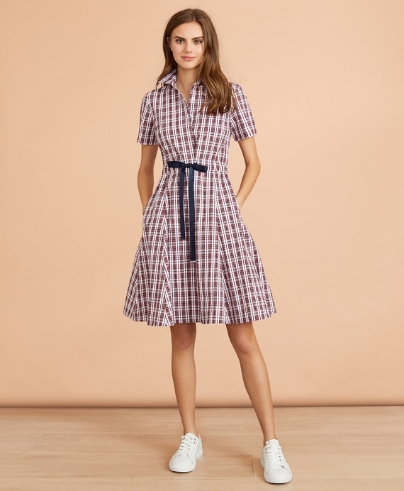 Plaid Cotton Seersucker Shirt Dress