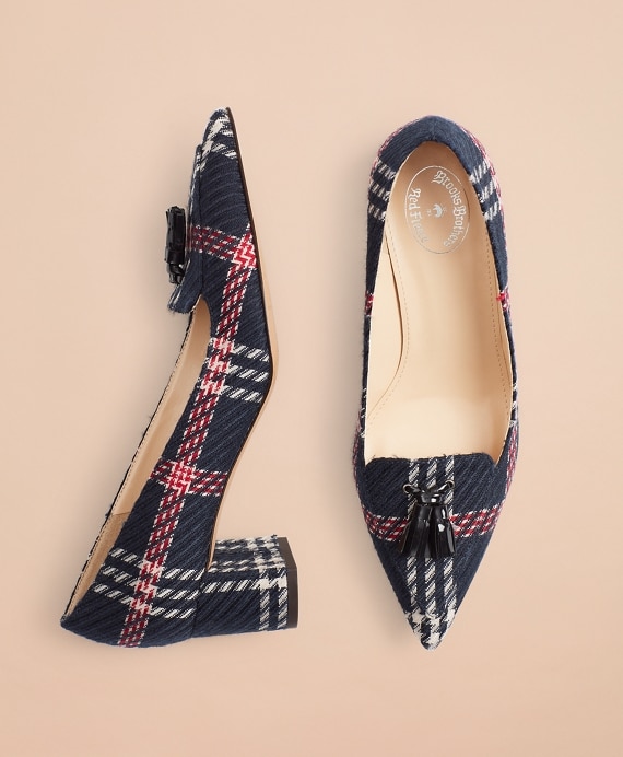 Plaid Point-Toe Block-Heel Pumps