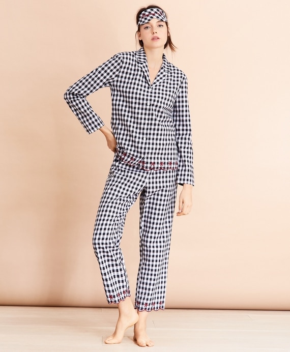 Scalloped Gingham Cotton Pajama & Eye-Mask Set