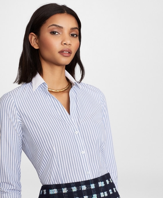 Non-Iron Striped Supima® Cotton Poplin Contrast-Collar Fitted Shirt