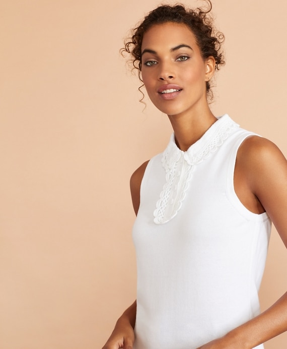 Crochet Lace-Trimmed Cotton Sleeveless Polo