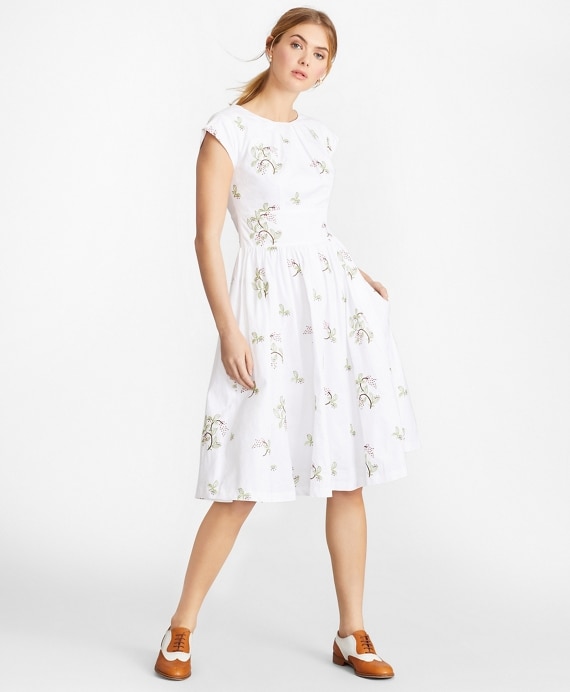 Floral-Embroidered Plaid Jacquard Cotton Dress