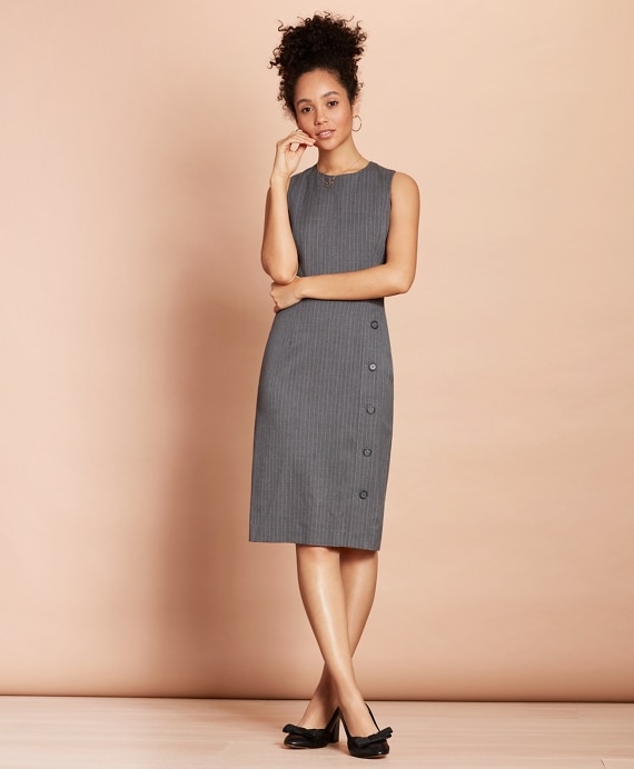 Pinstripe Stretch-Wool Button-Slit Sheath Dress