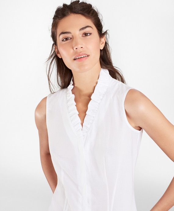 Petite Non-Iron Supima® Cotton Dobby Ruffle-Collar Sleeveless Blouse
