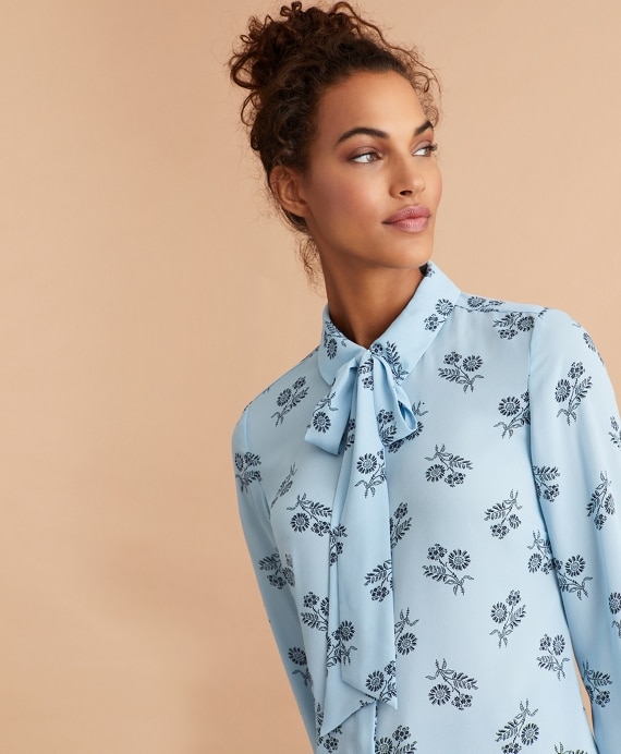 Floral-Print Bow-Neck Crepe Shirt