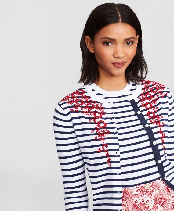 Floral-Beaded Striped Cardigan