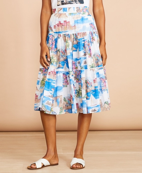Costal-Print Cotton Midi Skirt