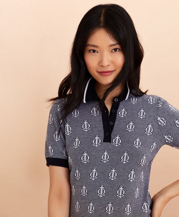 Anchor-Pattern Bird's-Eye-Knit Cotton Polo Sweater