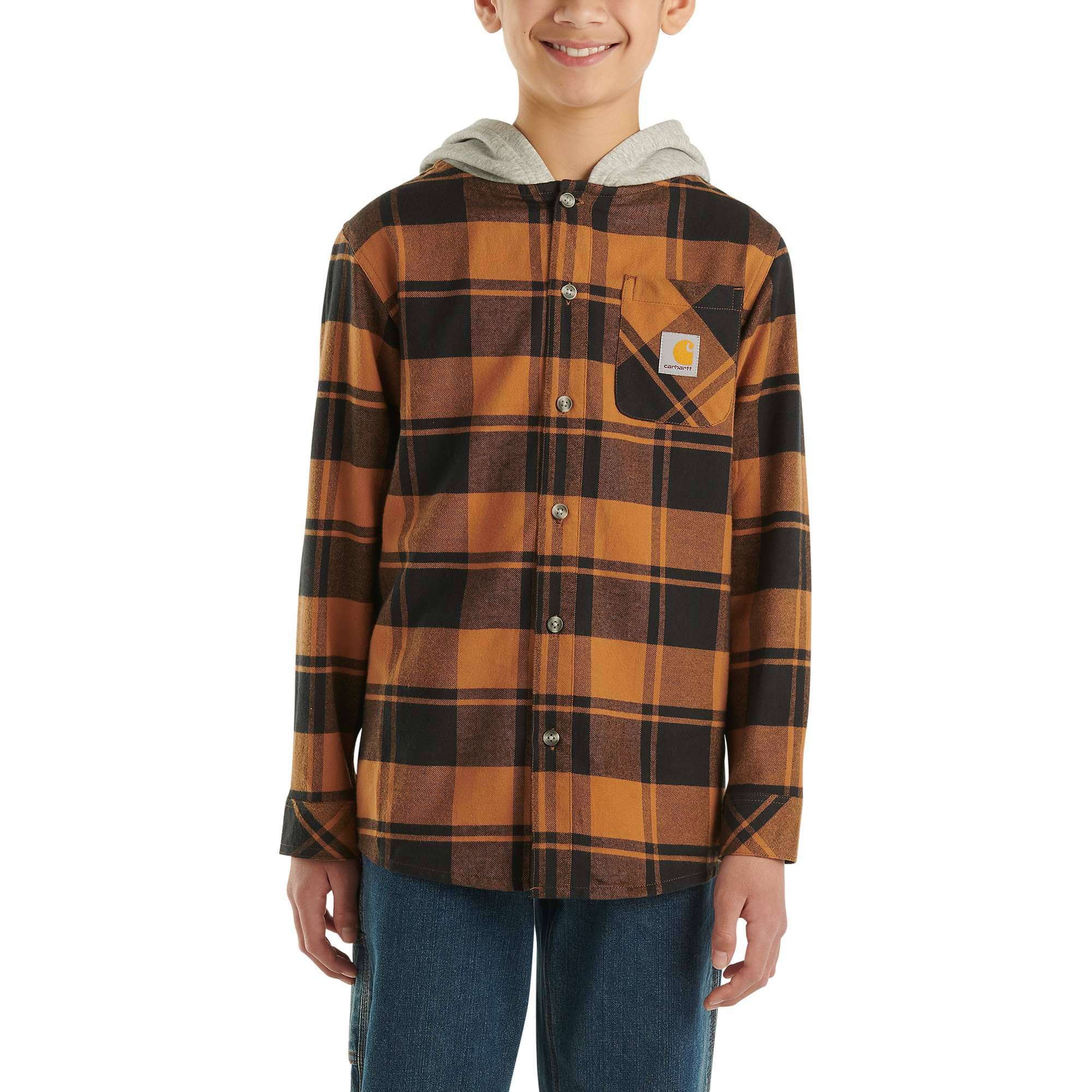 Boys' Long-Sleeve Flannel Button-Front Hooded Shirt
