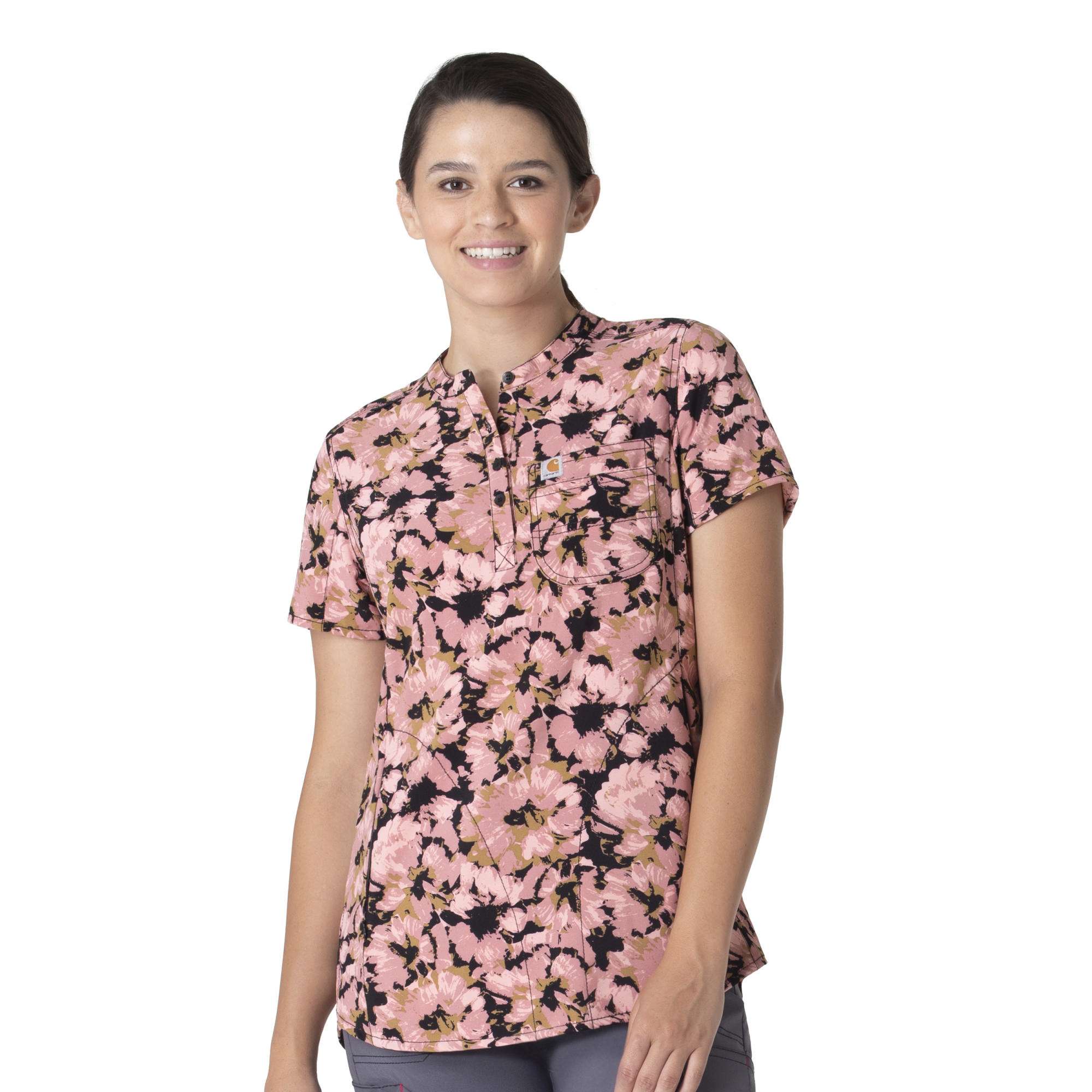 Women's Carhartt Force® Cross-Flex Modern Fit Henley Print Tunic Scrub Top