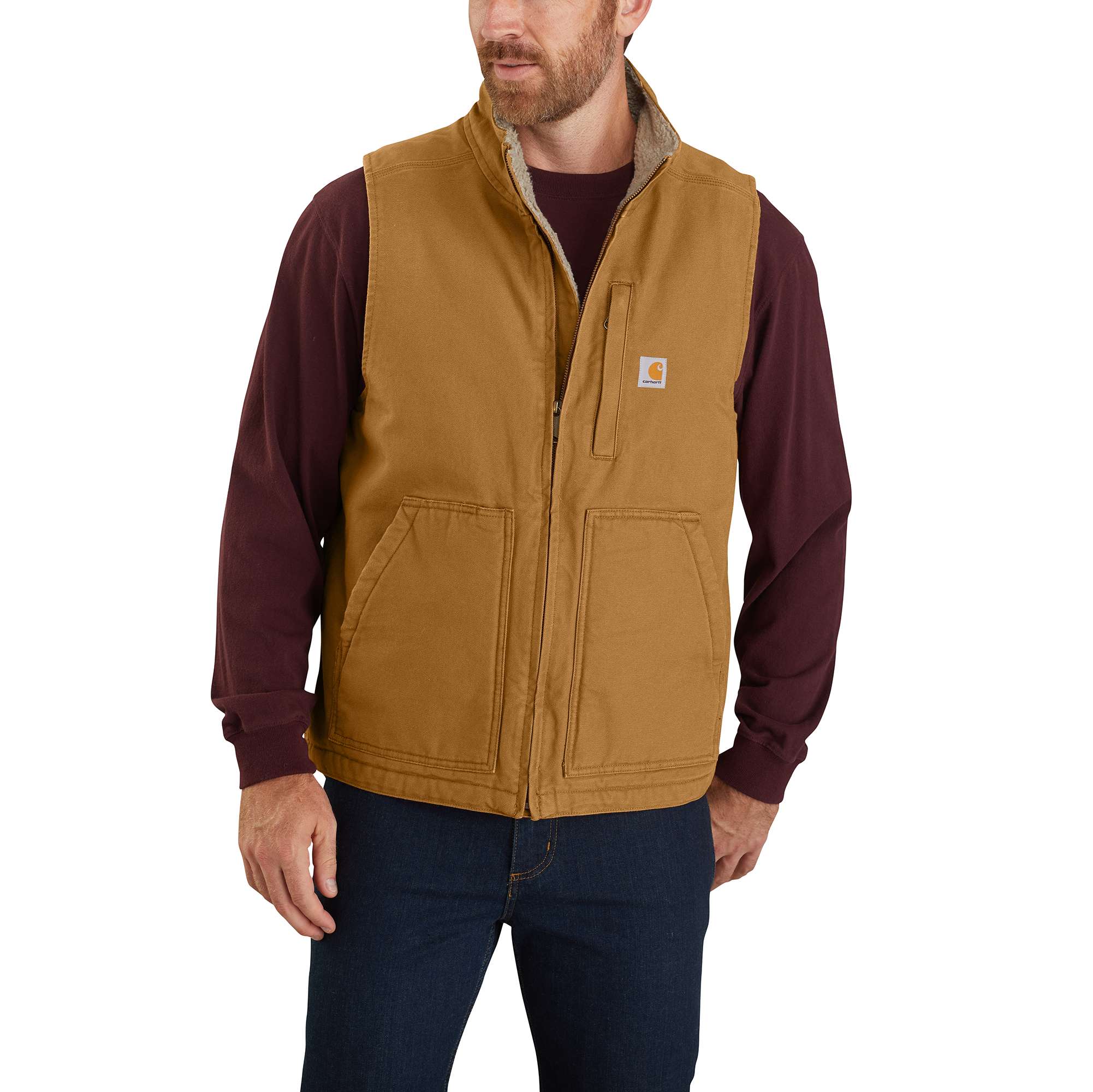 Loose Fit Washed Duck Sherpa-Lined Mock-Neck Vest