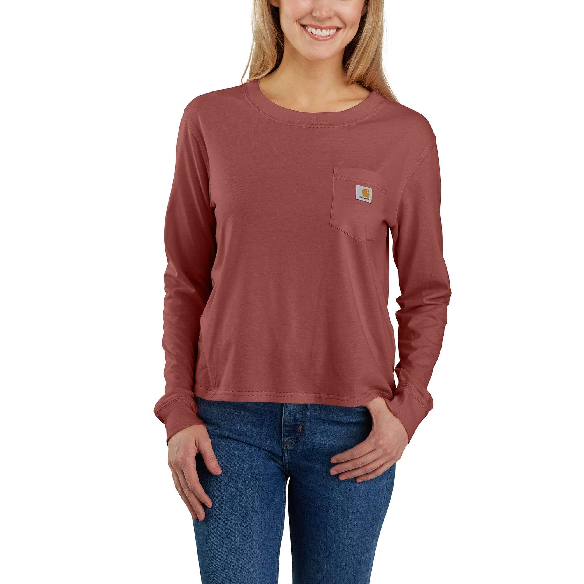 Women's Loose Fit Lightweight Long-Sleeve Crewneck Pocket T-Shirt