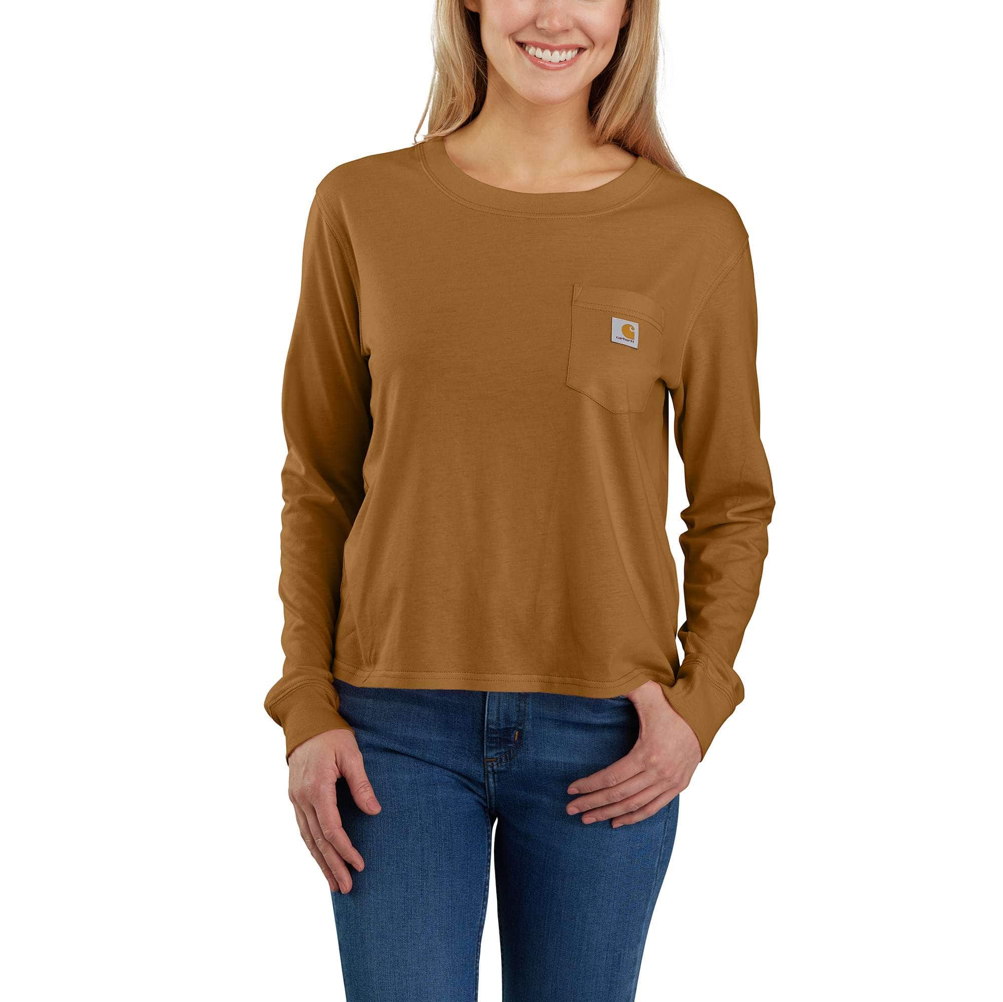 Women's Loose Fit Lightweight Long-Sleeve Crewneck Pocket T-Shirt