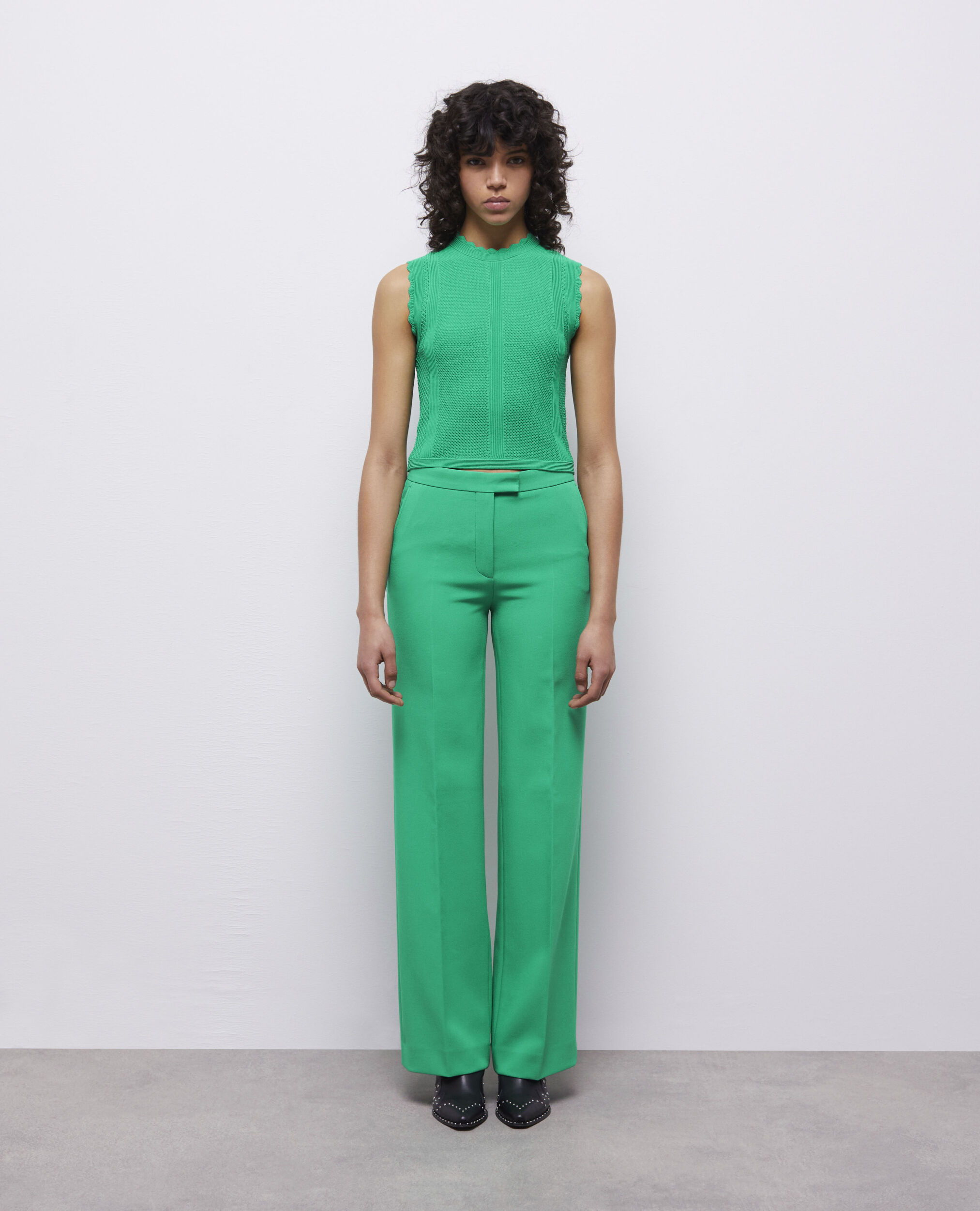 Green short openwork knit top GREEN