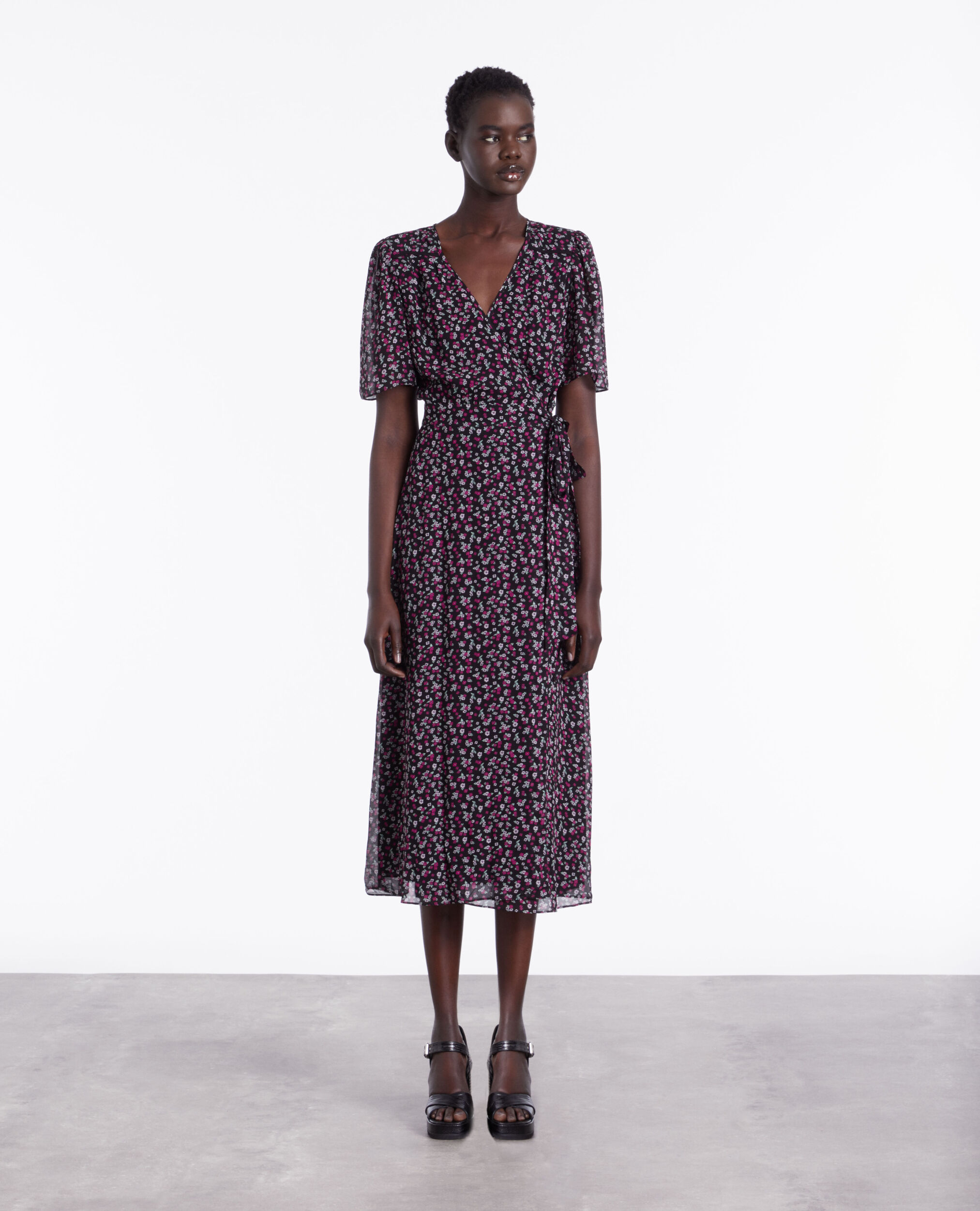 Long printed wrap dress BLACK / PINK