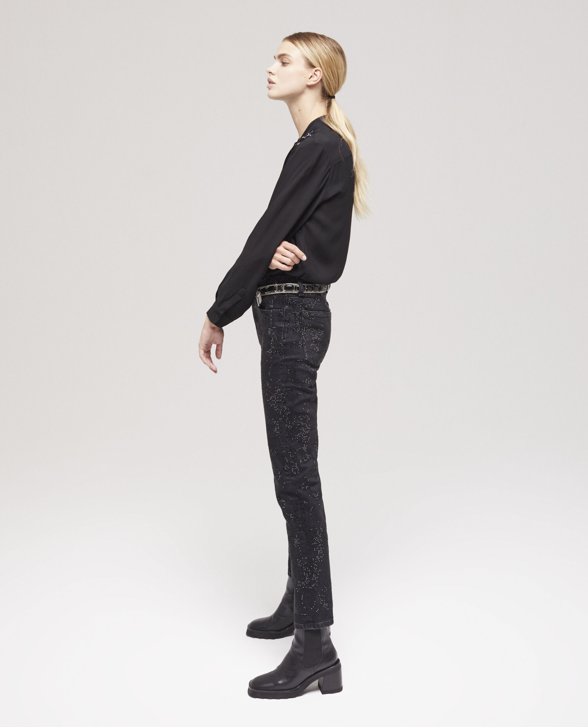 Logo black slim-fit jeans with rhinestones BLACK WASHED