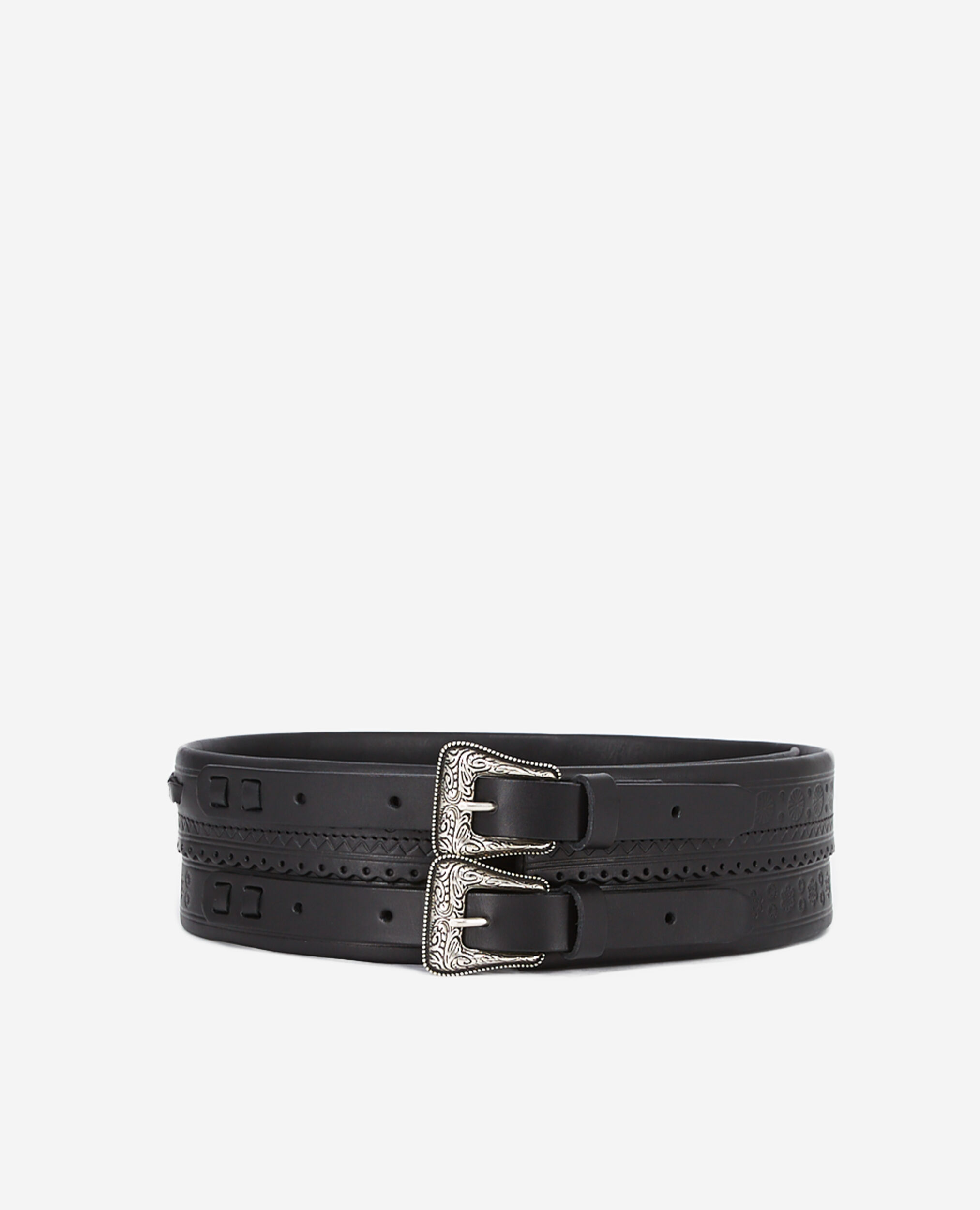 Wide black leather belt with double buckle BLACK