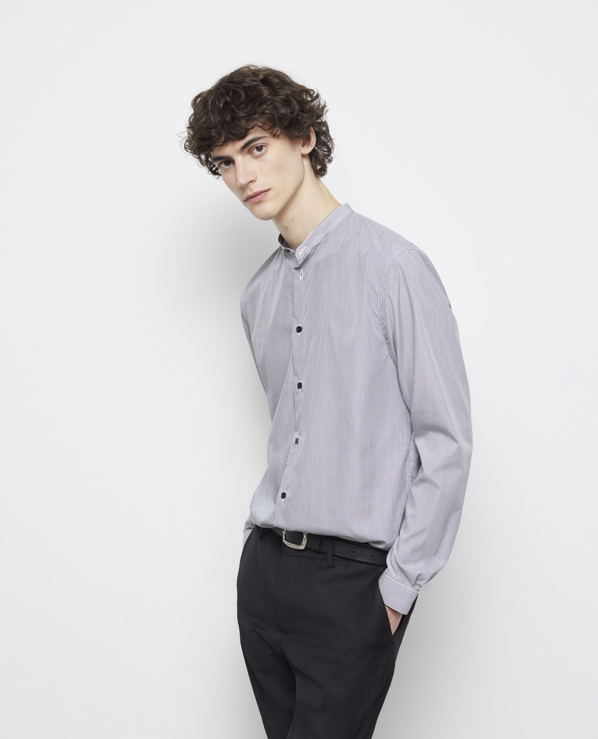 Slim-fit striped shirt with officer collar BLACK WHITE