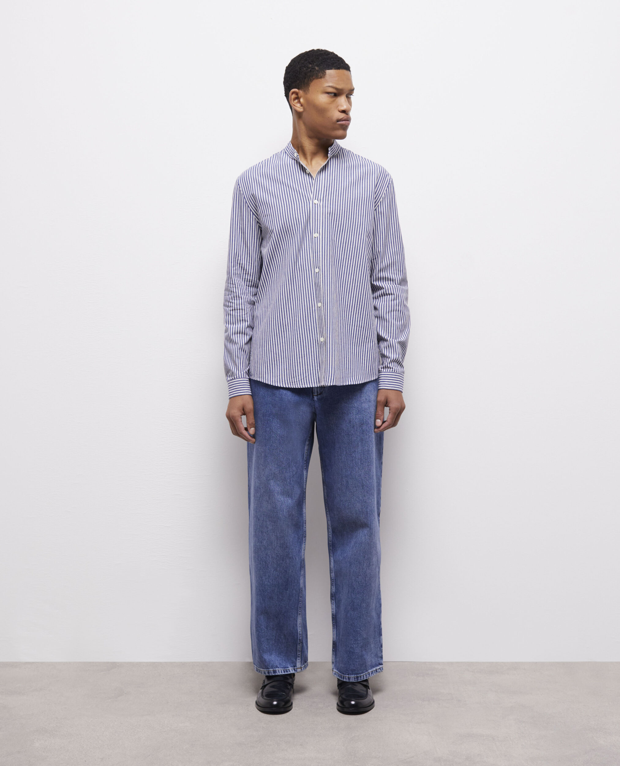 Blue-striped shirt with officer collar BLUE WHITE