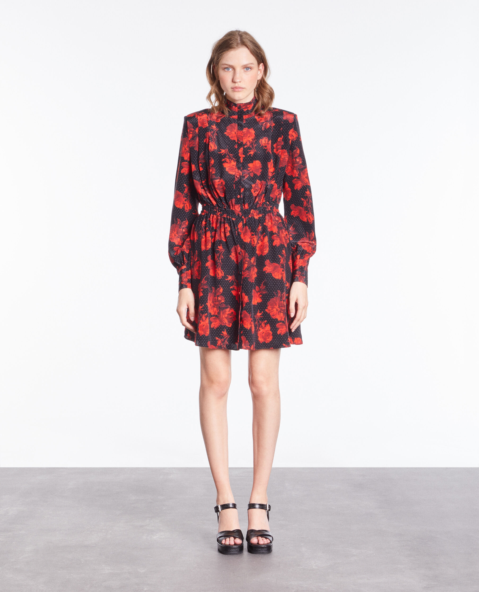 Short printed silk shirt dress BLACK - RED