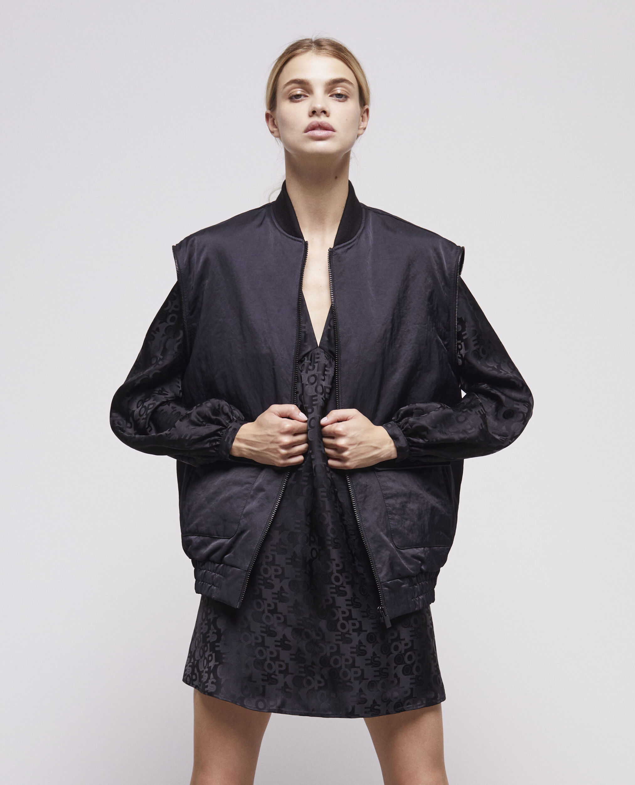 Black satin bomber jacket with detachable sleeves BLACK