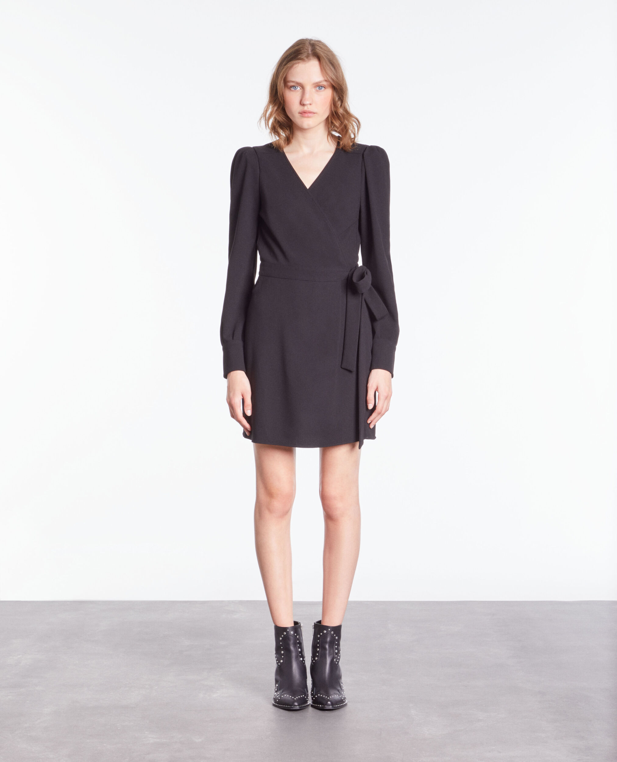 Short black crepe wrap dress BLACK