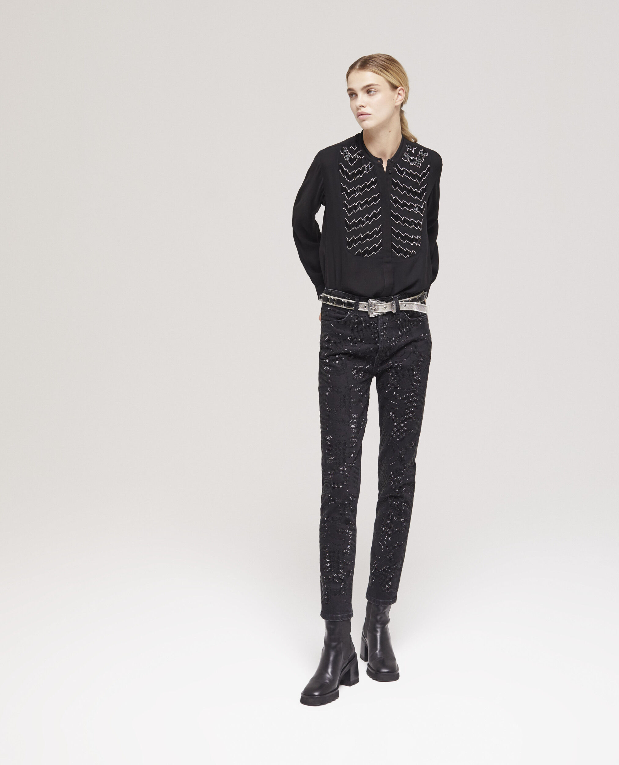 Logo black slim-fit jeans with rhinestones BLACK WASHED
