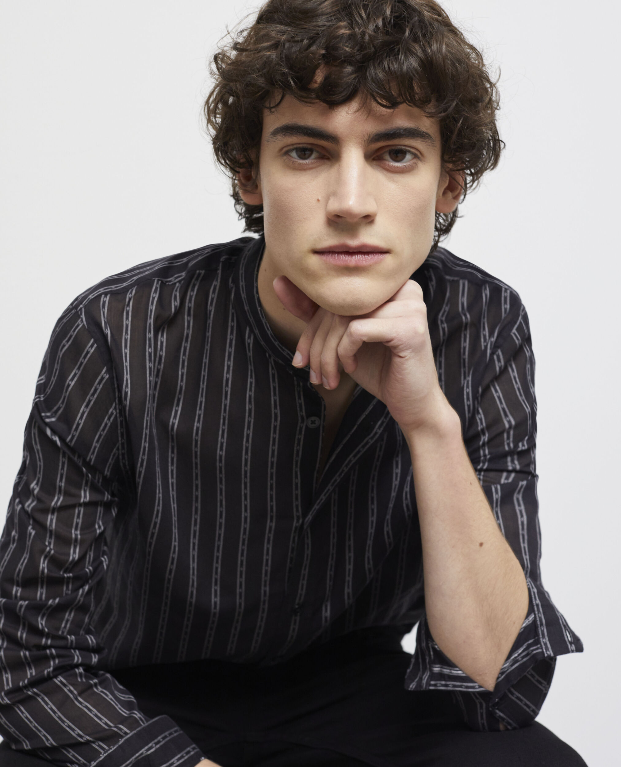 Black striped shirt with officer collar BLACK