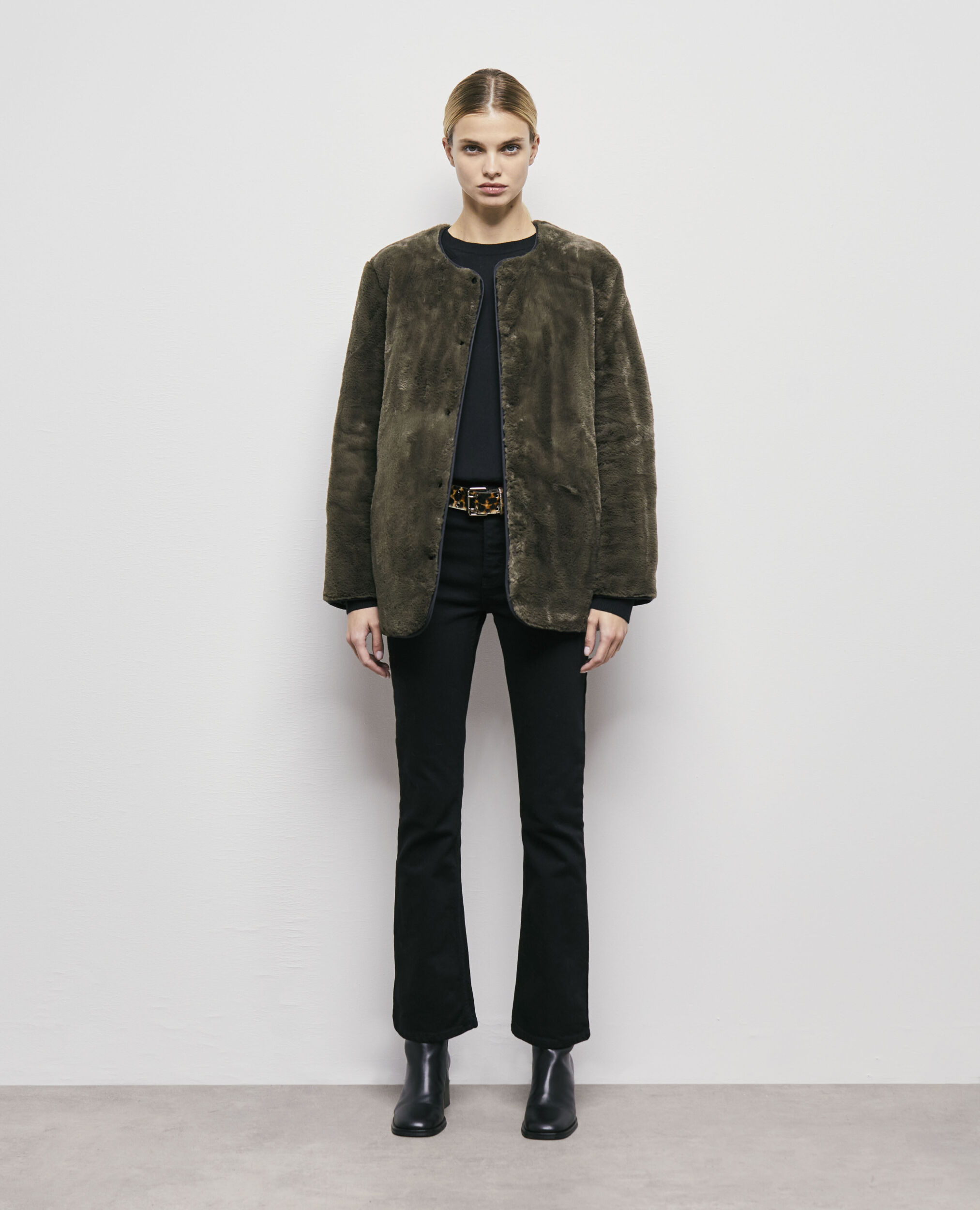 Khaki reversible faux fur jacket ALGUE