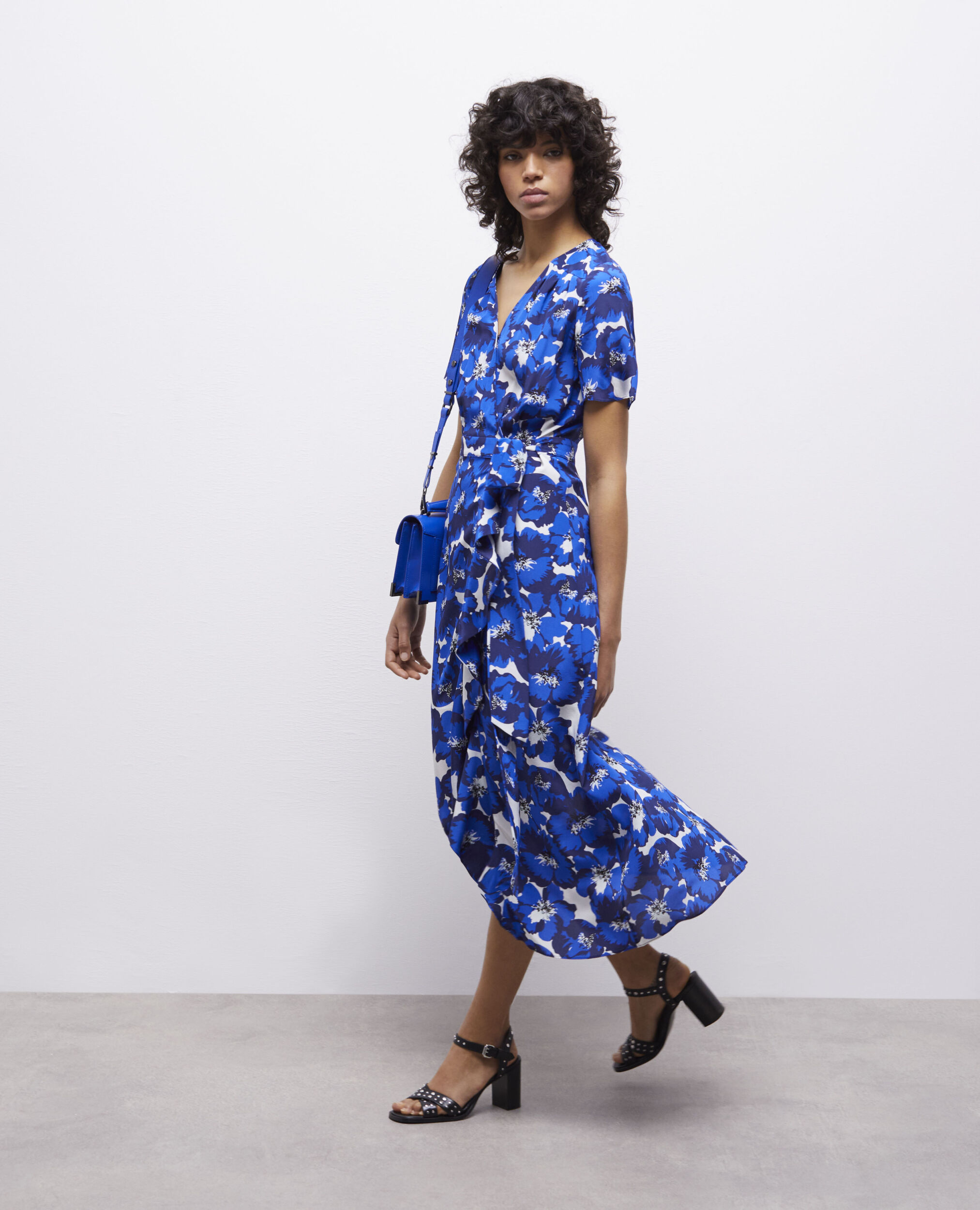 Long printed wrap silk dress BLUE