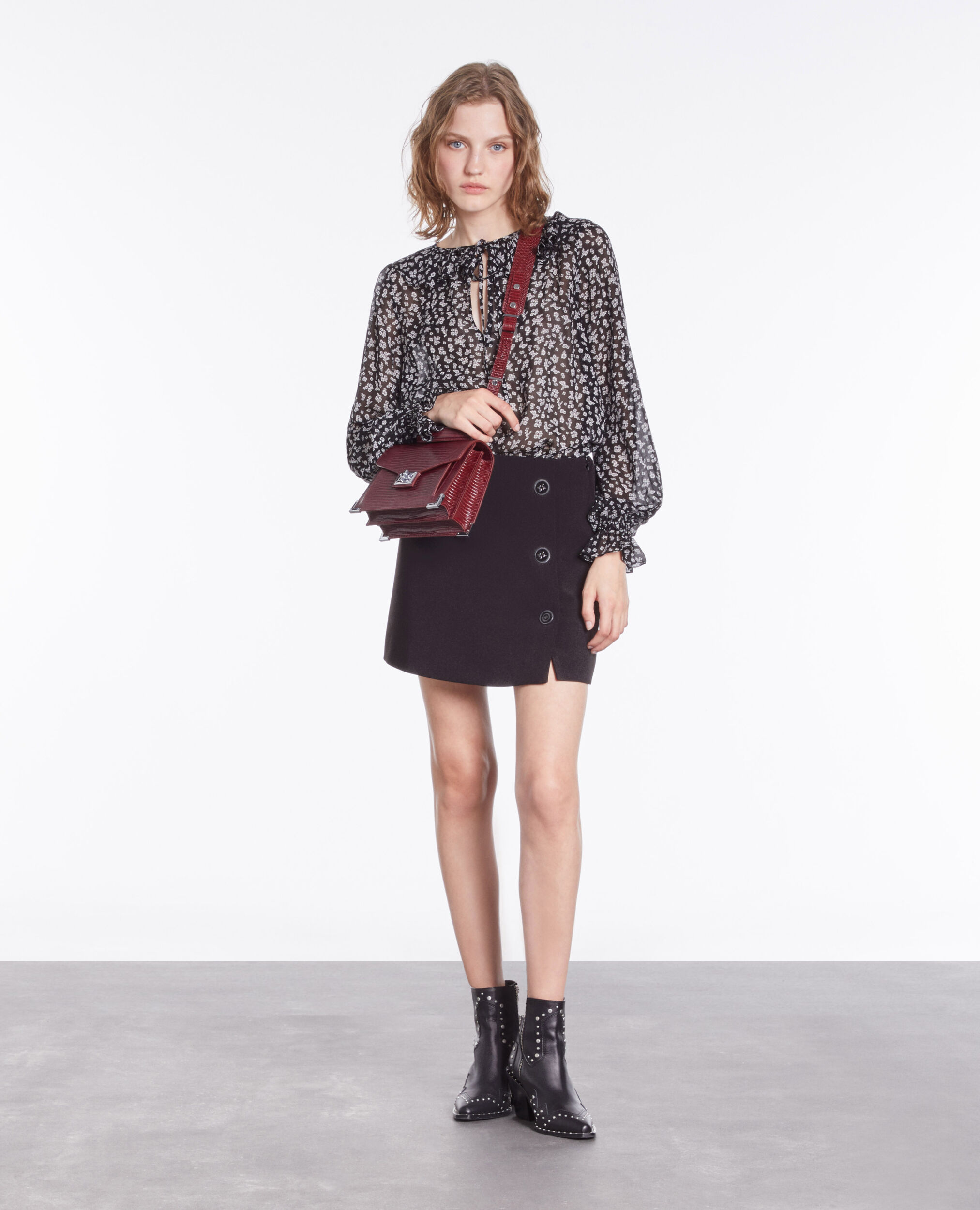 Printed top with ruffles BLACK-ECRU
