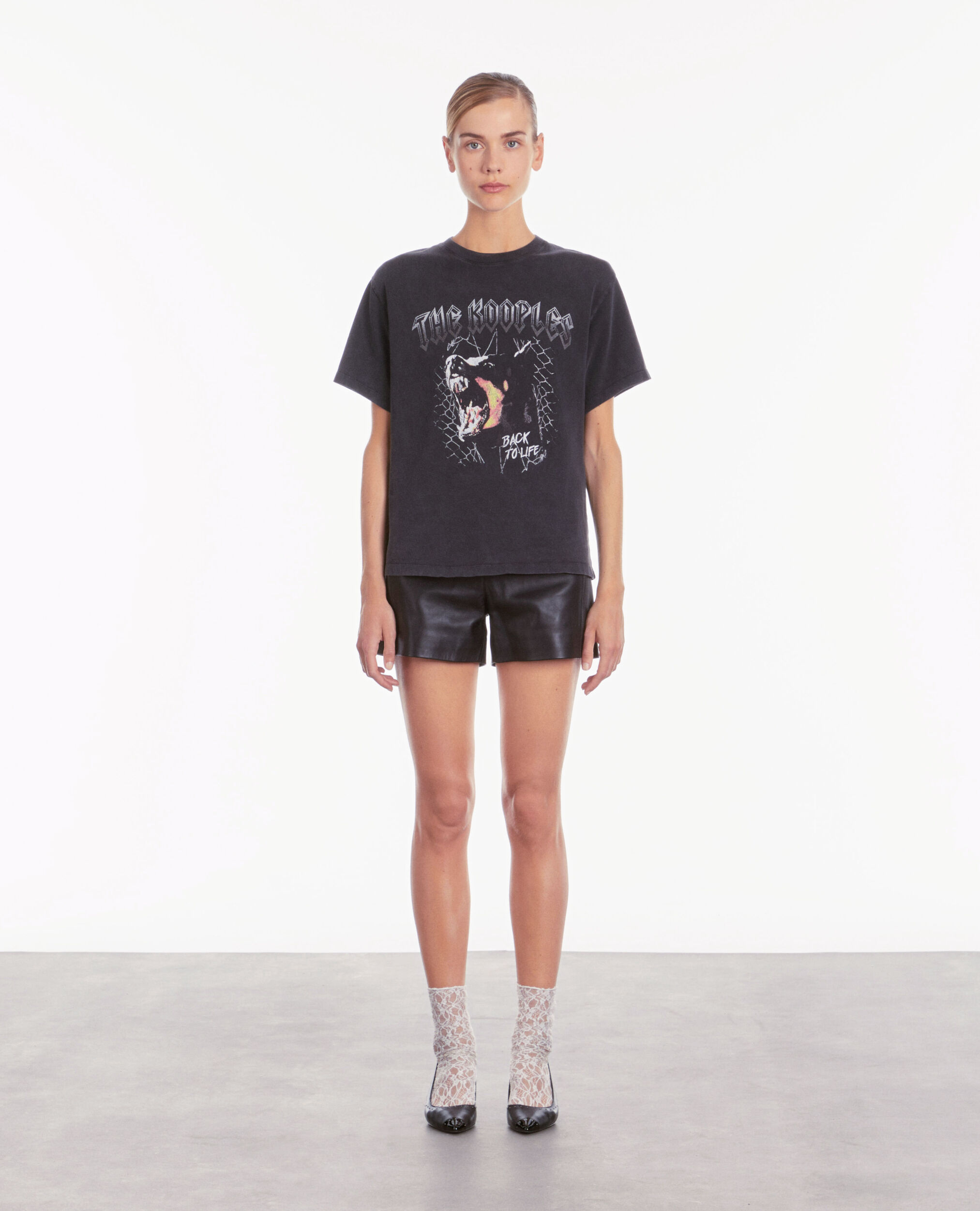 Women's black t-shirt with barking dog serigraphy BLACK WASHED