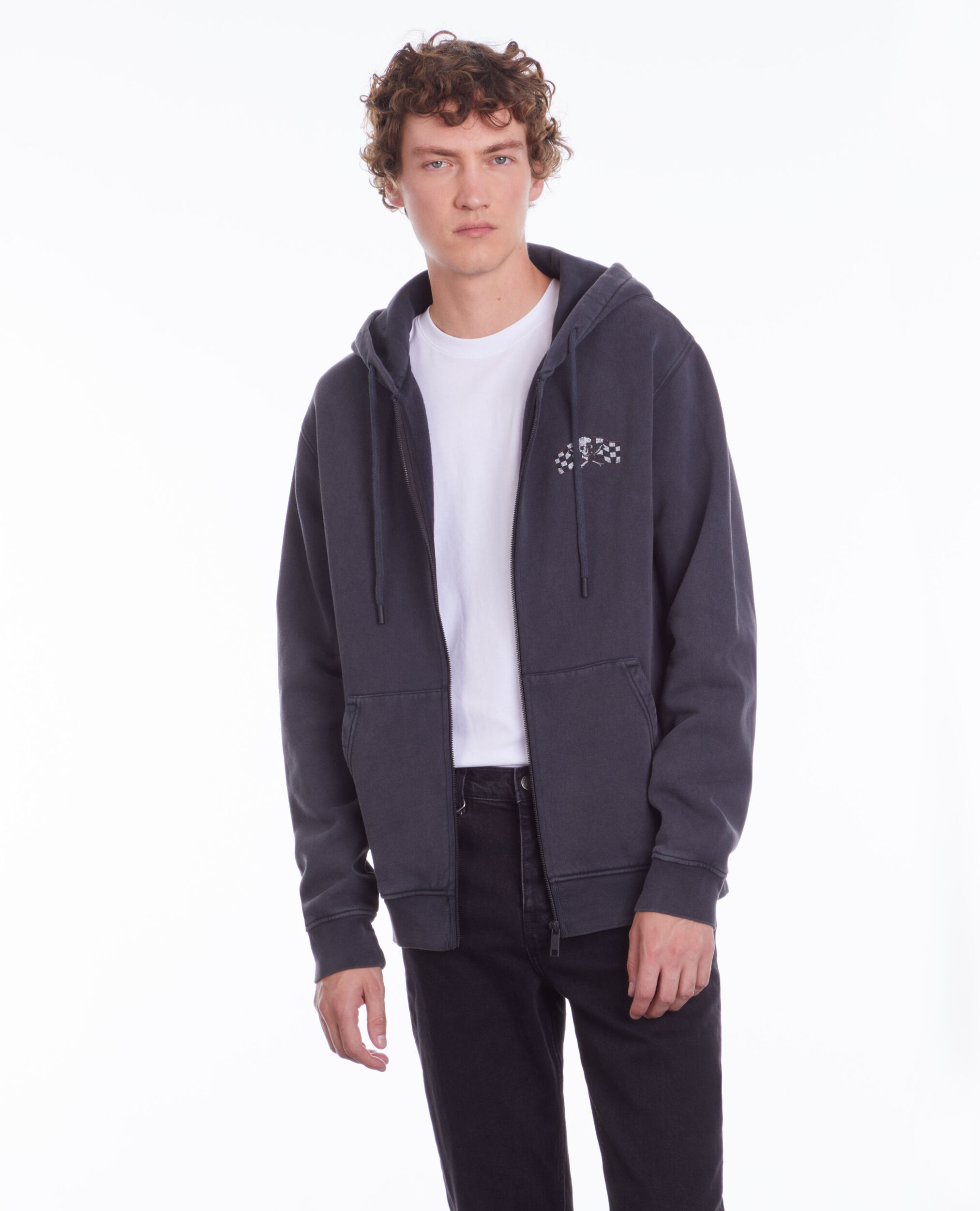 Black hoodie with Racing skull serigraphy BLACK WASHED