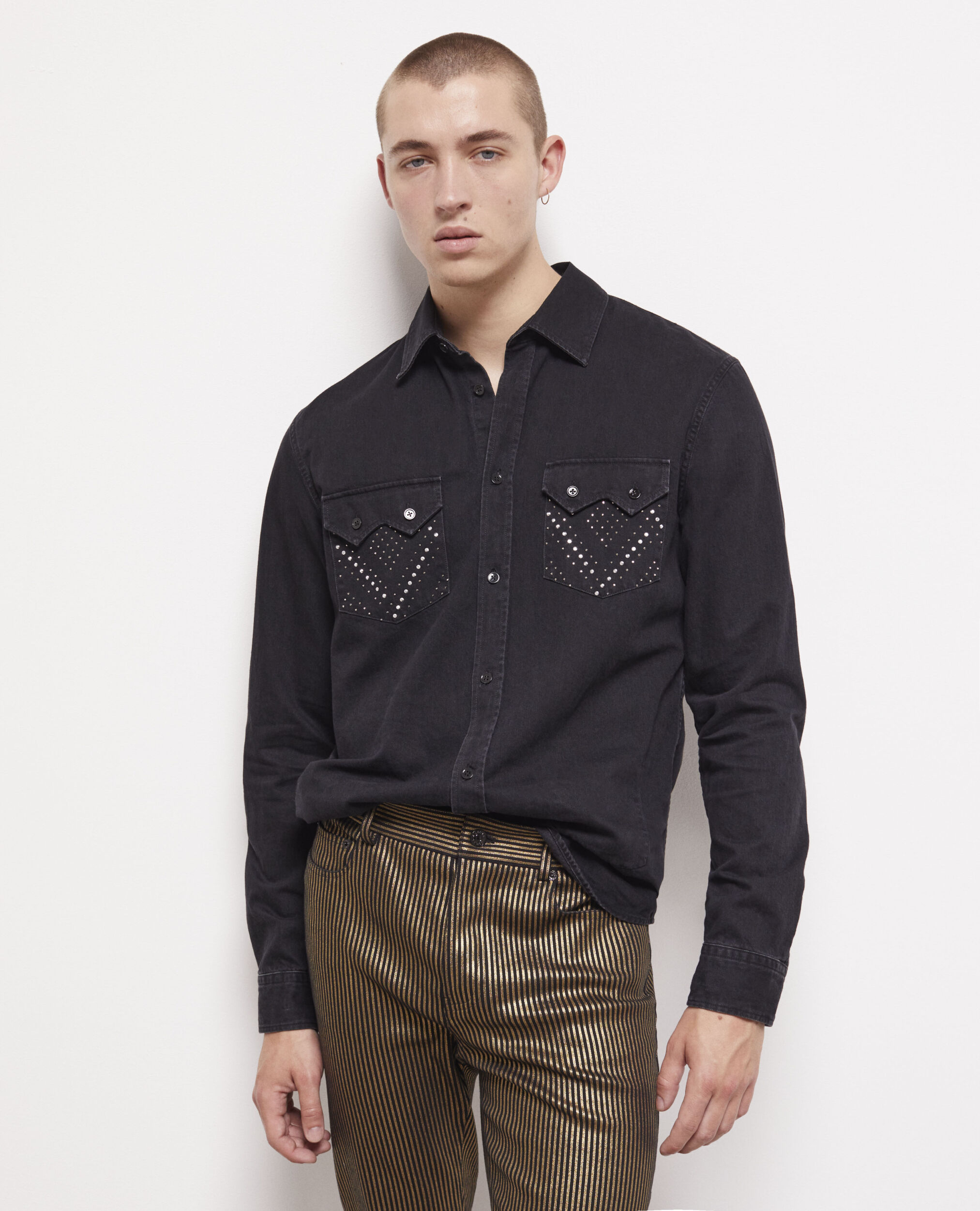 Black studded shirt with classic collar BLACK WASHED